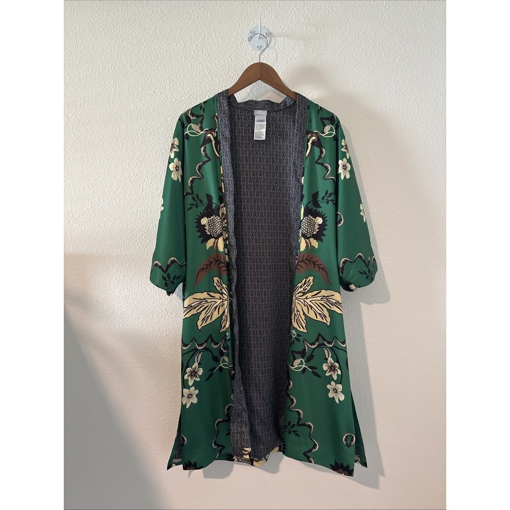 Chico's Damask Drama Open Front Kimono In Amazon Green Black SIZE Regular S/M